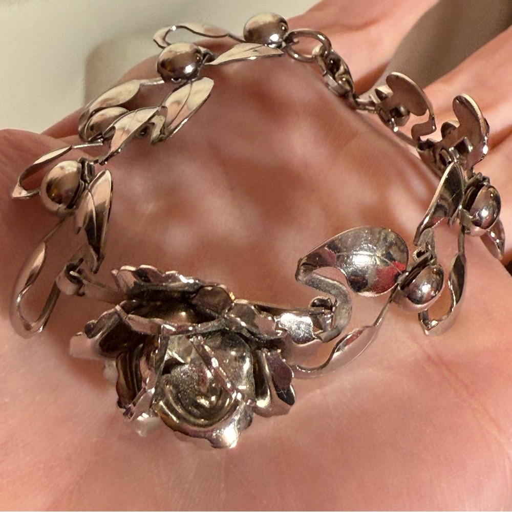 Silver Floral Rose Bracelet with Center Crystal - Picture 3 of 16